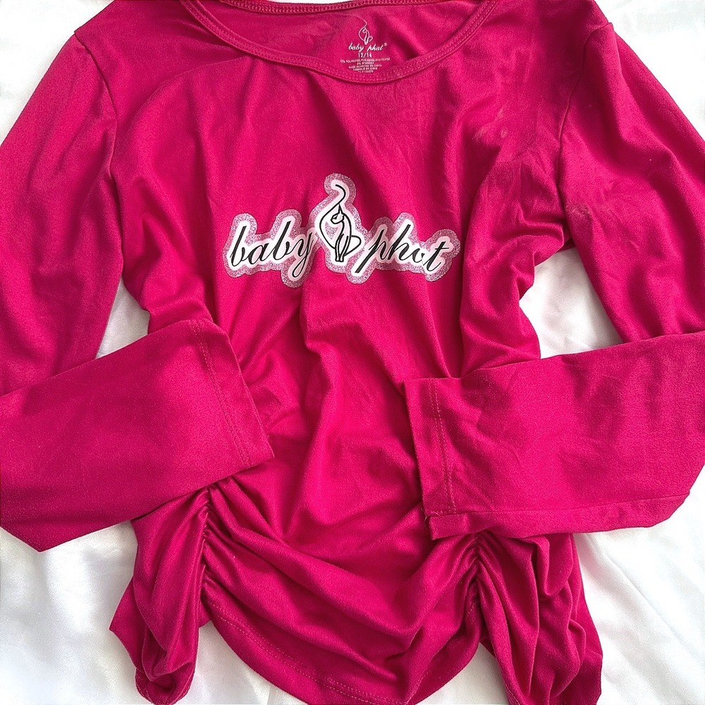 Baby Phat Magenta Pink Ruched Front Long Sleeve Logo Graphic Top Y2K Girls 12/14